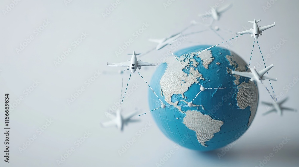 Poster a creative display of a globe with model airplanes connected by dotted lines, symbolizing global tra