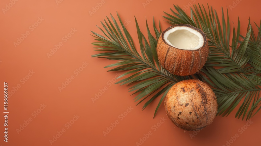 Poster tropical coconuts with palm leaves on warm colored background perfect for summer themed designs and 
