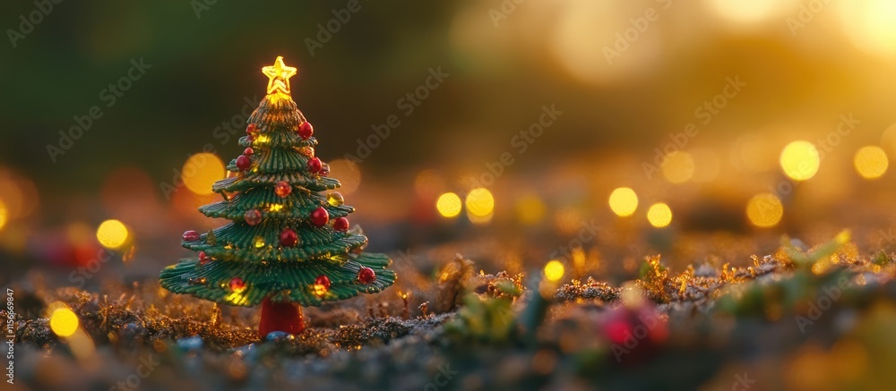 Aufkleber decorative toy christmas tree with glowing lights set against a soft blurred background creating a f
