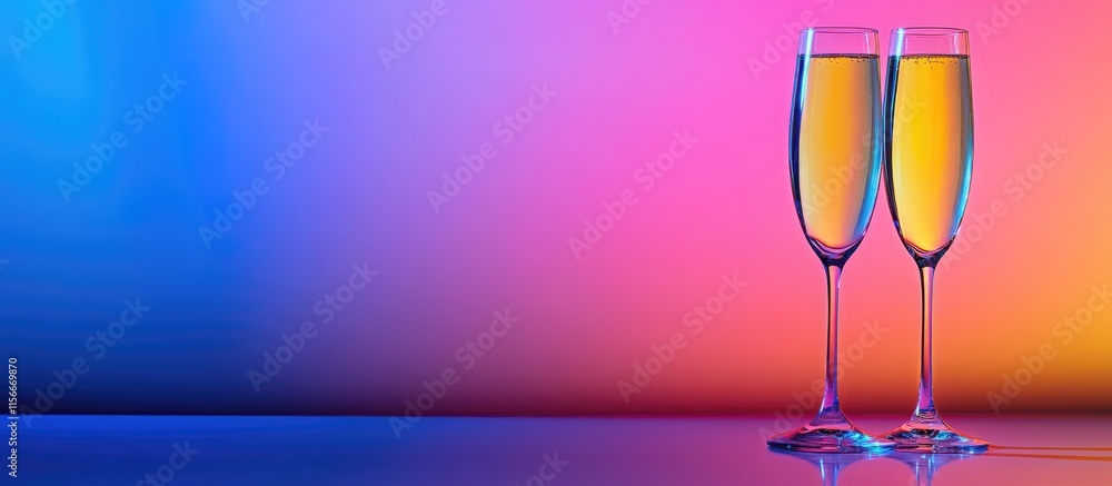 Poster elegant champagne glasses on a vibrant gradient background with ample copy space for promotional or 