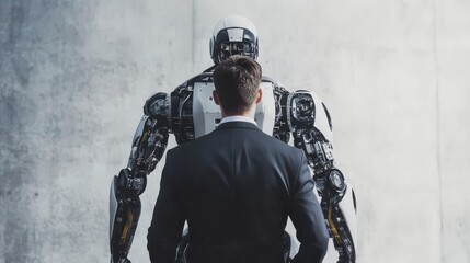 Businessman standing back to back with robot 