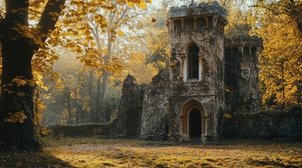 Obraz premium Ancient palace tower surrounded by vibrant autumn trees in a serene forest setting evoking nostalgia and timeless beauty