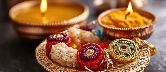 Naklejka premium Tricolor Rakhi and Sweets on a Pooja Thali for Independence Day and Raksha Bandhan Celebration with Diyas and Haldi Kumkum