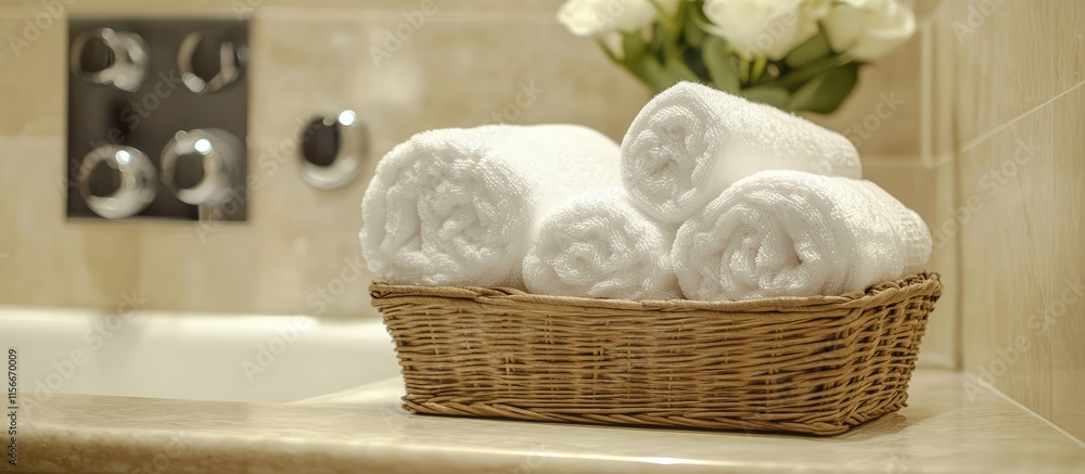 Poster Neatly rolled white towels in a wicker basket enhancing the cozy and inviting atmosphere of a serene bathroom setting