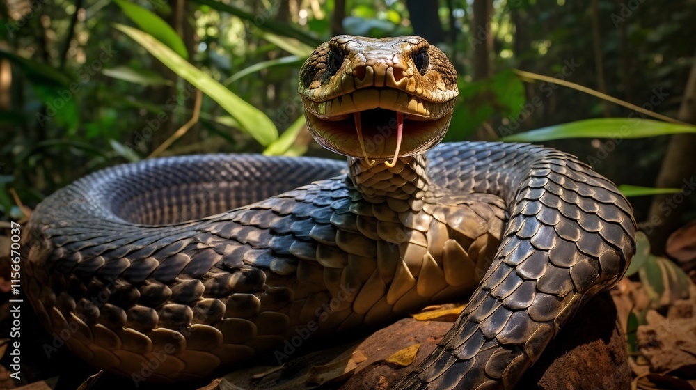 Poster fierce king cobra with its hood fully expanded in a defensive pose coiled and poised to attack in a 