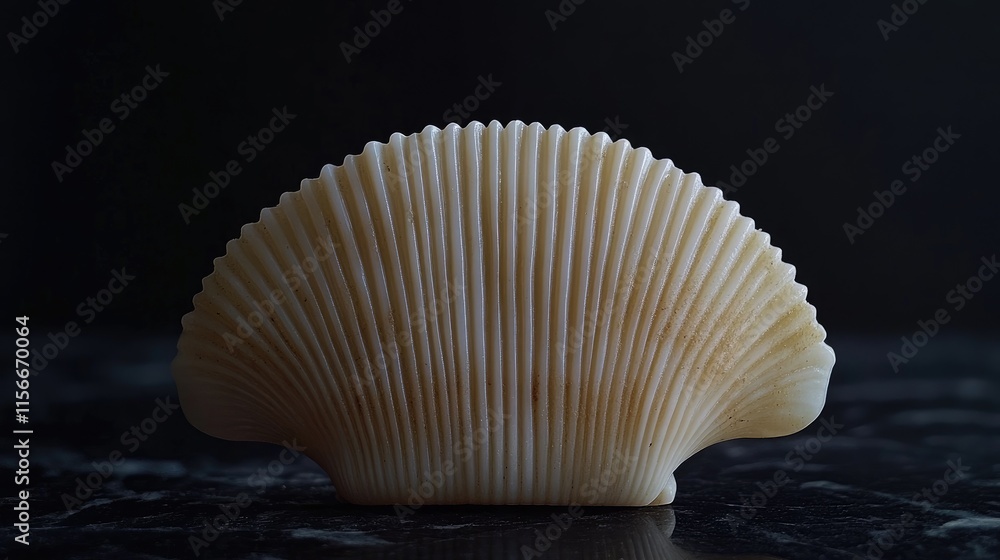 Poster Seashell comb displayed against a dark backdrop highlighting its intricate texture and natural beauty in a serene composition