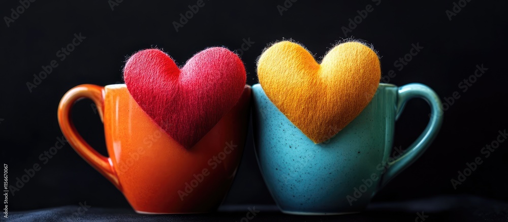 Poster colorful hearts in mugs symbolizing love and connection against a black background perfect for roman
