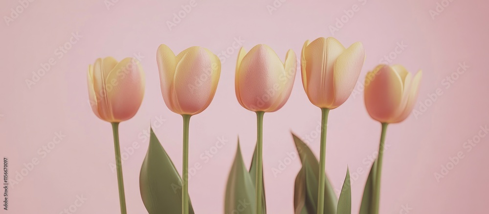 Aufkleber Elegant tulips arranged in a row with soft pink background highlighting their delicate colors and graceful shapes. Perfect for spring themes.