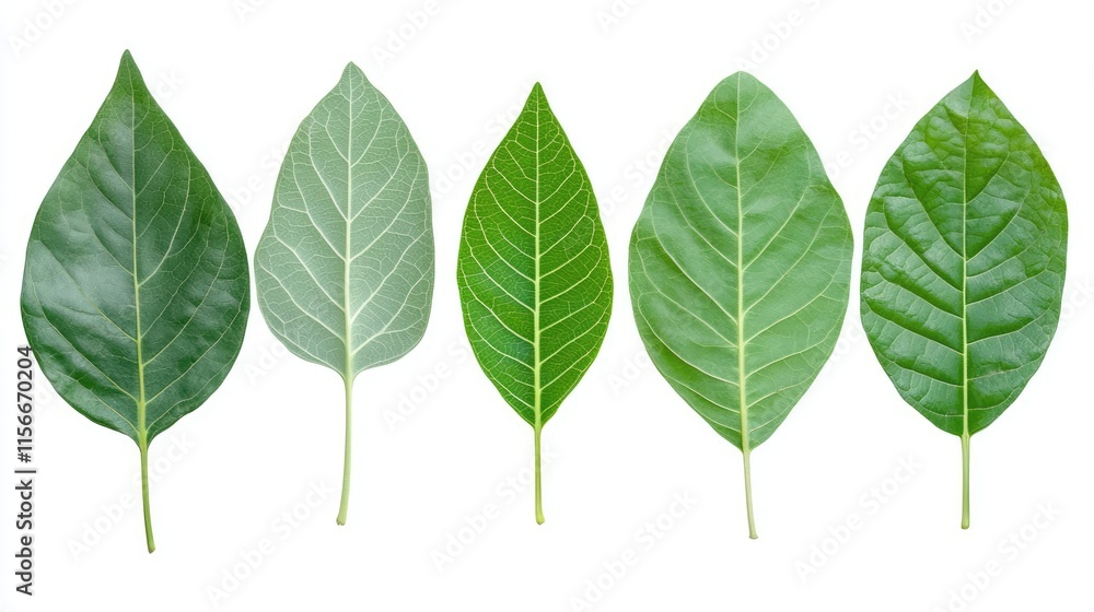 Poster Exotic tropical leaf collection isolated on white background featuring five distinct leaf types with clipping path included for design use.