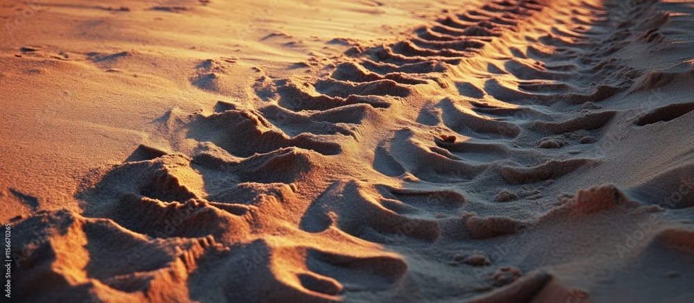Poster tire track patterns in golden sand at sunset capturing natural texture and depth