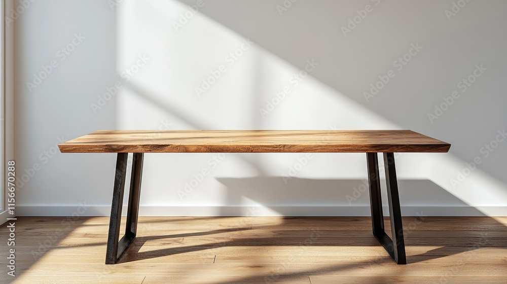 Aufkleber modern wooden table with angular iron legs in a bright minimalist room highlighting sunlight and con