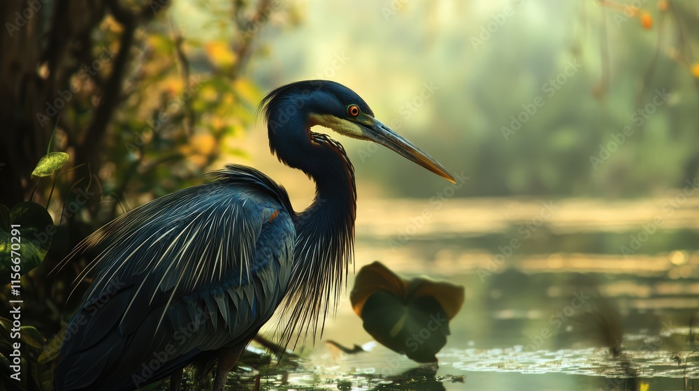 Poster tricolored heron captured in serene natural habitat near water during dawn light foraging for breakf