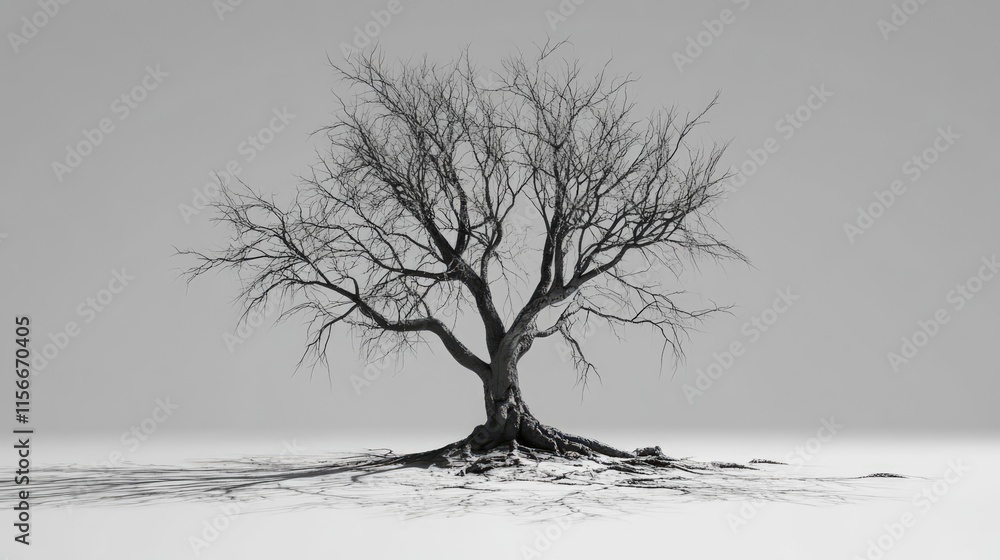 Aufkleber barren tree silhouette with exposed roots against a minimalistic background illustrating solitude an