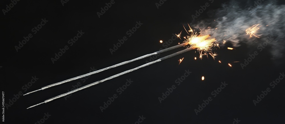Poster two bright sparklers illuminating the night sky, creating a festive atmosphere with vibrant sparks a
