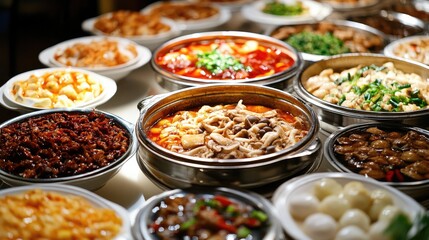 Obraz premium Traditional Chinese banquet featuring an array of dishes including assorted mushroom soup and vibrant stir-fried delicacies.