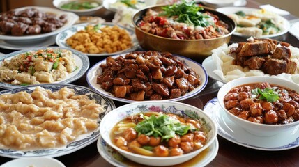 Traditional Chinese banquet featuring a variety of dishes including mushroom soup and multiple savory options served elegantly on a table.