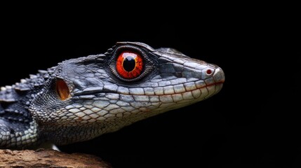 Fototapeta premium Red-eyed crocodile skink Tribolonotus gracilis close-up on a dark background showcasing its unique features and vibrant coloration.