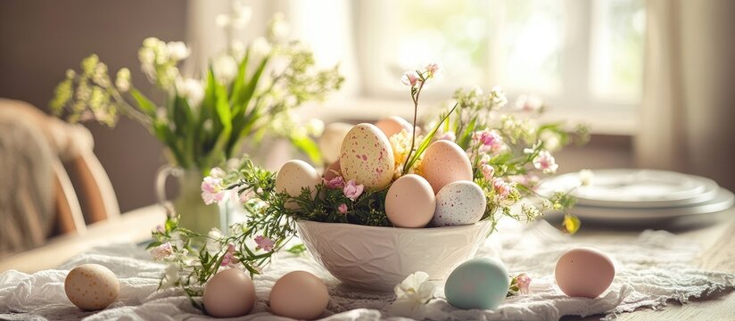 Easter table setting with decorative eggs and flowers creating a festive and traditional atmosphere for spring celebrations