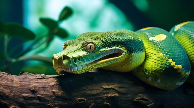 Close up of a vibrant green tree python coiled gracefully on a branch in a dense tropical rainforest