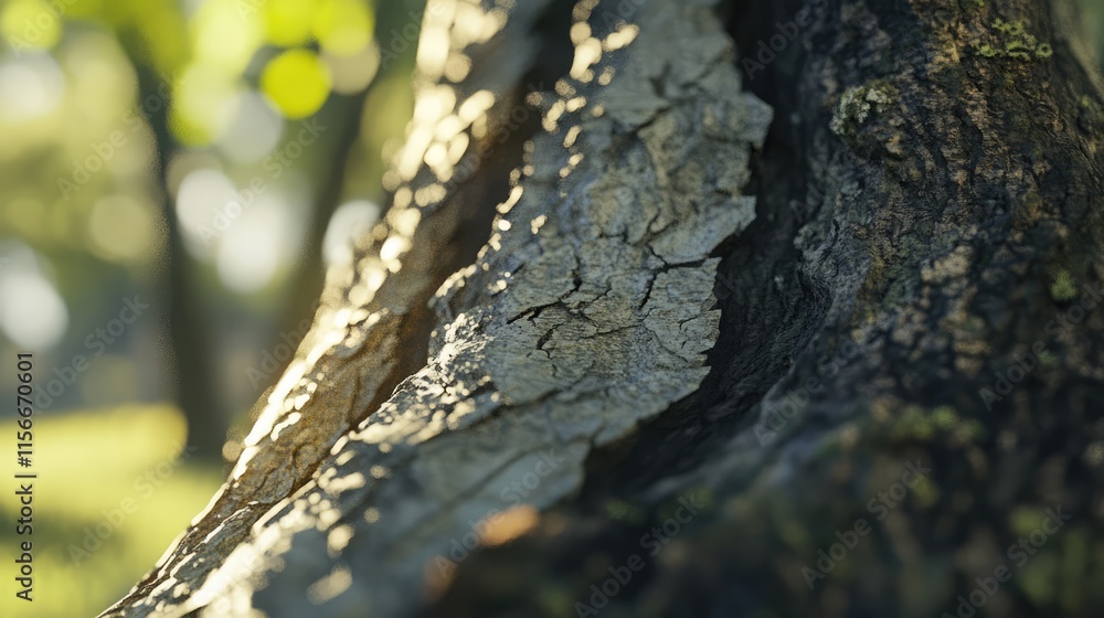 Poster Detailed close-up of textured tree trunk bark showcasing natural patterns and colors in a sunlit outdoor setting