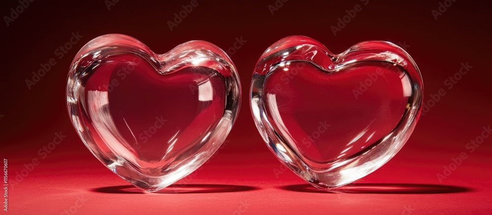 Poster two transparent glass hearts on a vibrant red background with space for text creating a romantic and