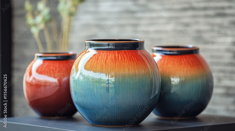Poster tri colored glazed pottery vases with vibrant gradient finish displayed on a shelf against modern ba