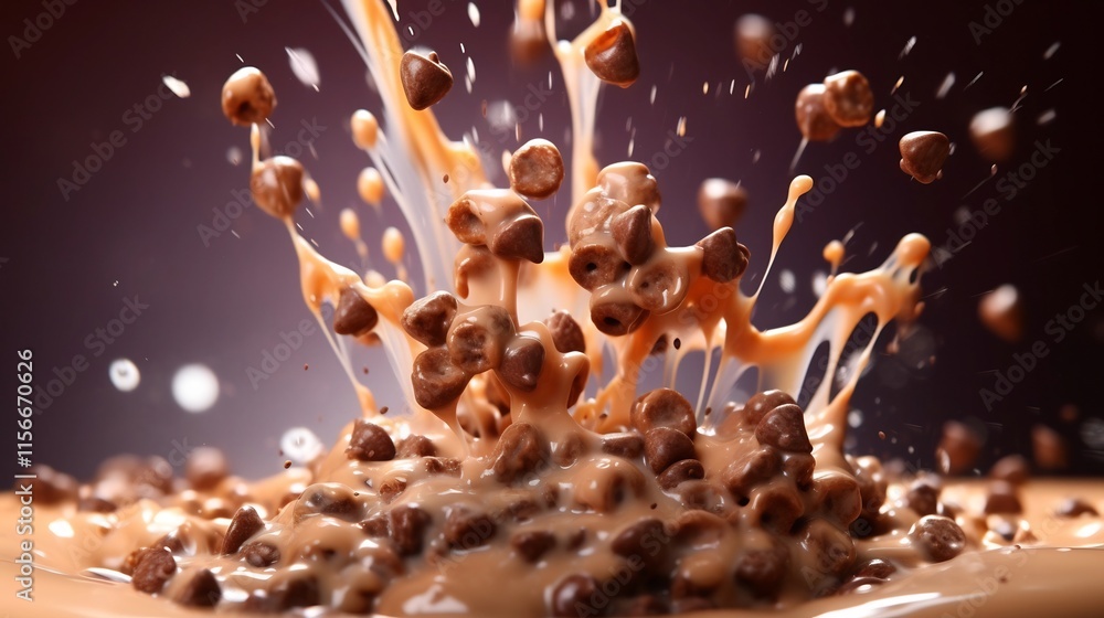 Poster close up view of chocolate flavored cereal with a burst of milk captured in dynamic motion creating 