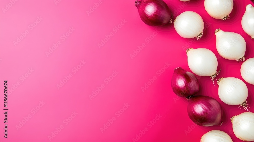 Poster colorful flat lay arrangement of white and red onions on vibrant pink background with ample copy spa
