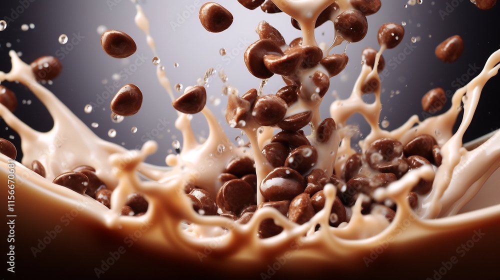 Poster a close up dynamic capture of chocolate flavored cereal swirling and splashing amidst a creamy flow 