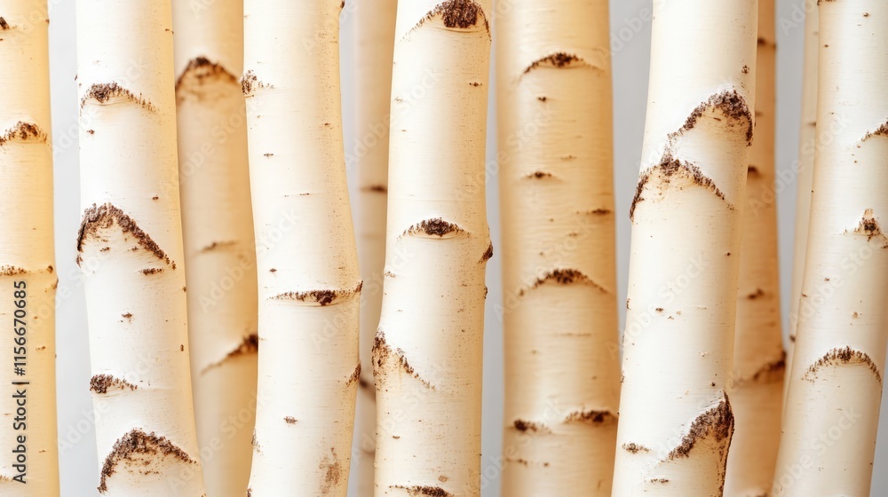 Poster Close-up of smooth white tree trunks showcasing natural textures and patterns in a minimalist background for nature-themed design projects.