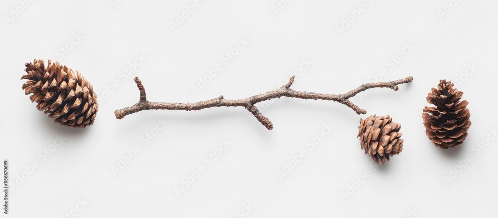 Aufkleber Natural pine tree twig with two pine cones arranged aesthetically on a white background creating a tranquil and organic atmosphere