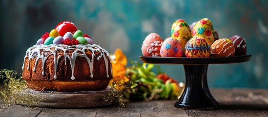 Naklejka premium Easter cake and decorated eggs for festive celebrations showcasing traditional treats and vibrant colors.