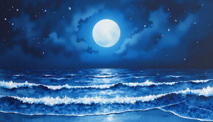Moonlit ocean waves under a night sky in a soothing blue art style