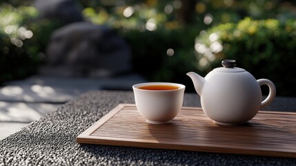 A serene tea setup featuring a teapot and cup on a wooden tray, surrounded by lush greenery, evoking tranquility and relaxation.