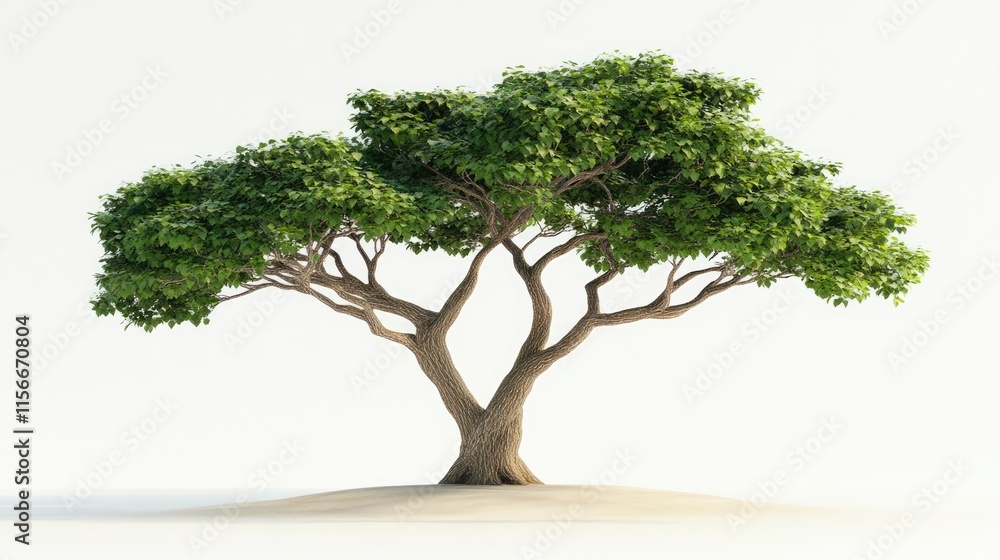 Poster Dual-trunk tree with lush green foliage creating a symmetrical canopy against a neutral background. Ideal for nature and landscape themes.
