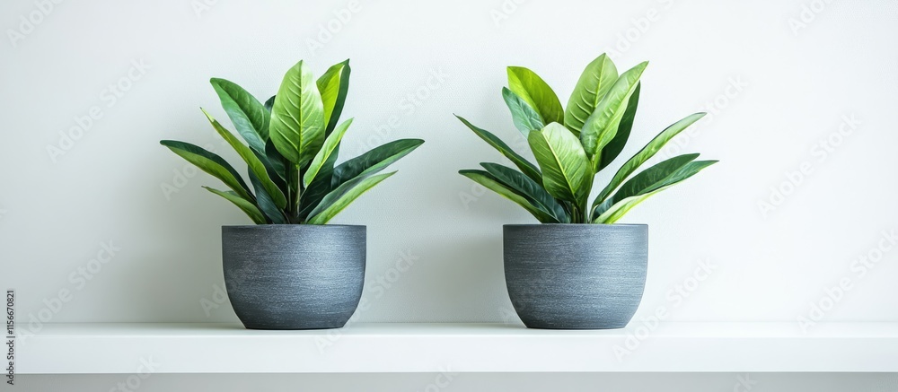Poster two artificial green plants in stylish pots on a shelf adding a touch of greenery to a minimalistic 
