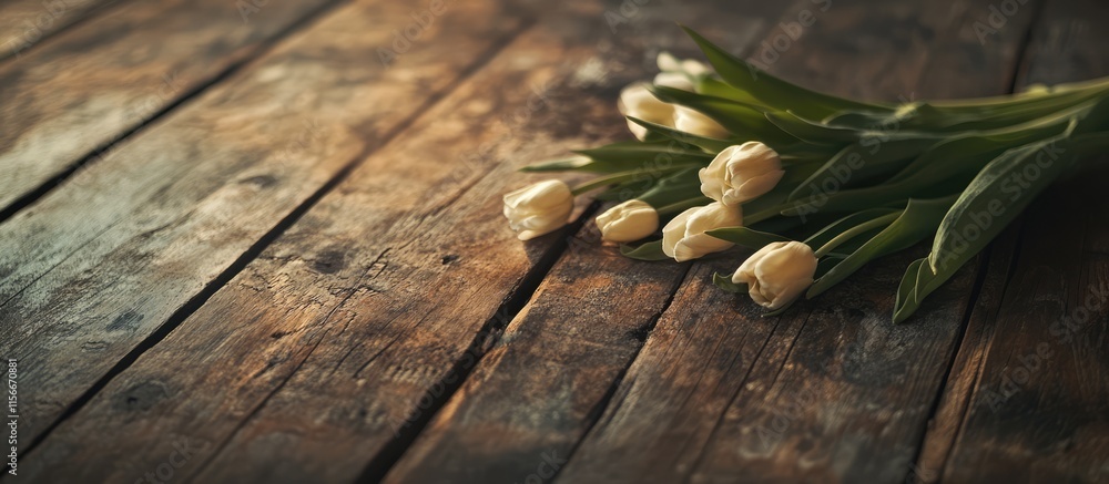 Poster softly lit white tulips bouquet elegantly arranged on rustic wooden surface with a vintage touch and