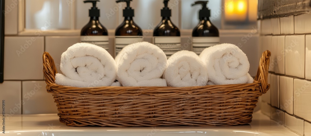 Poster neatly arranged white towels in a wicker basket creating a cozy bathroom atmosphere with essential o