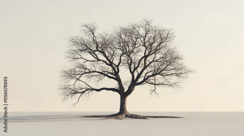 Poster lonely deciduous tree without leaves standing against a minimalistic winter landscape with soft ligh
