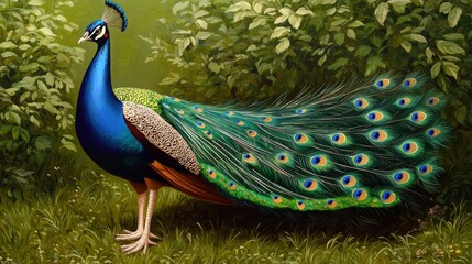 Obraz premium A vibrant peacock stands gracefully amidst lush greenery, showcasing its striking plumage and colorful tail feathers.