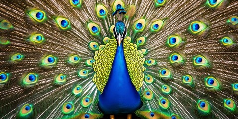 Obraz premium Beautiful peacock bird showcasing its stunning feathers, creating a vibrant background. The peacock bird stands out as an exquisite example of nature s beauty in the animal kingdom.