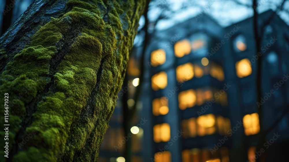 Poster Moss-covered tree trunk in foreground with blurred illuminated windows of building creating a serene atmospheric background at dusk