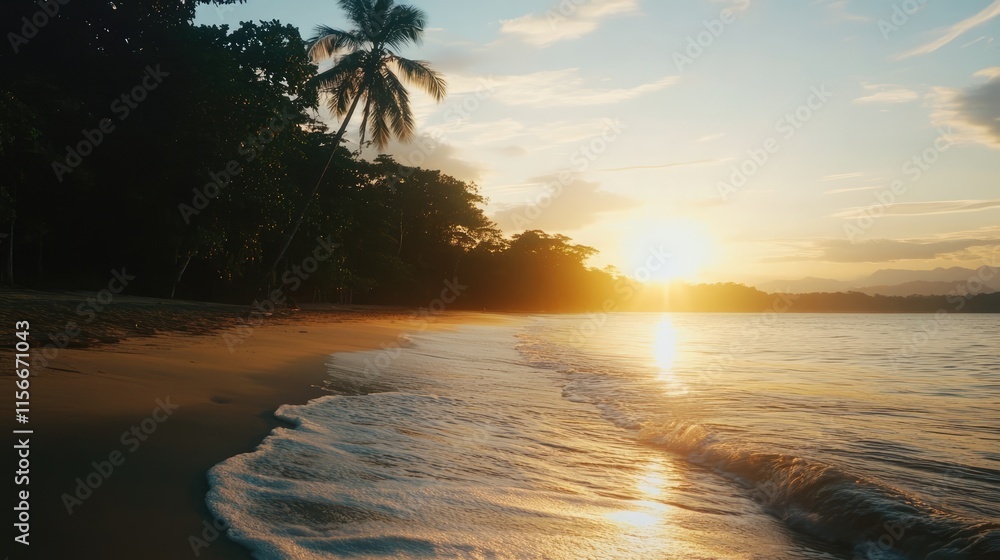 Aufkleber serene tropical beach at sunset with gentle waves and palm trees under a colorful sky