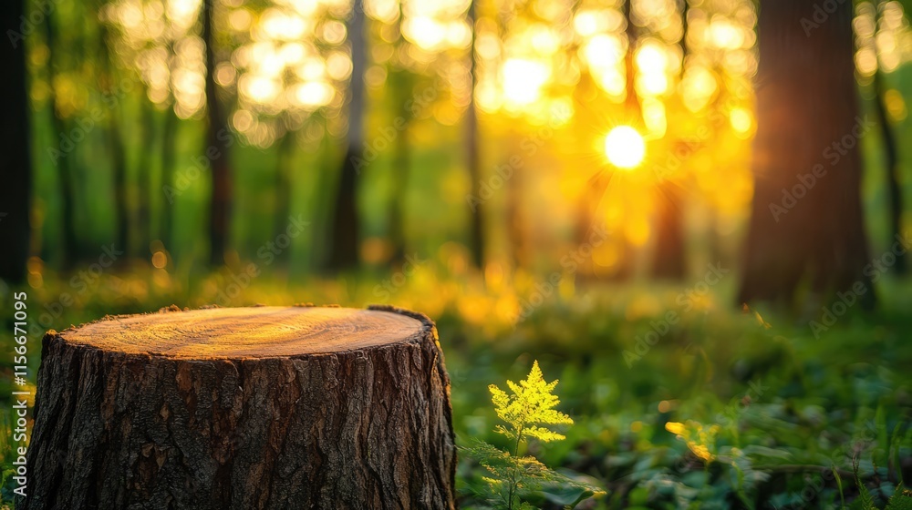 Poster Sunlit forest scene featuring a close-up of a tree stump surrounded by lush greenery and soft bokeh of sunlight through trees.