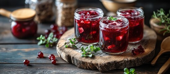 Rustic presentation of traditional wild game meat jelly in jars with fresh herbs on a wooden cutting board in a cozy kitchen setting