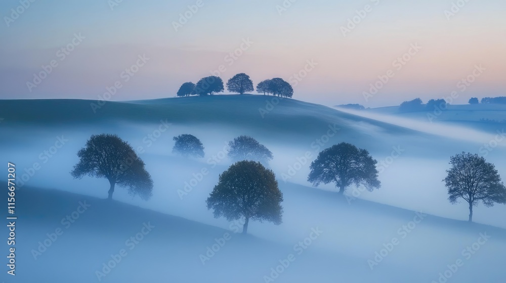 Poster Misty landscape with trees on a hill at dawn creating a serene and tranquil atmosphere in a fog-covered setting