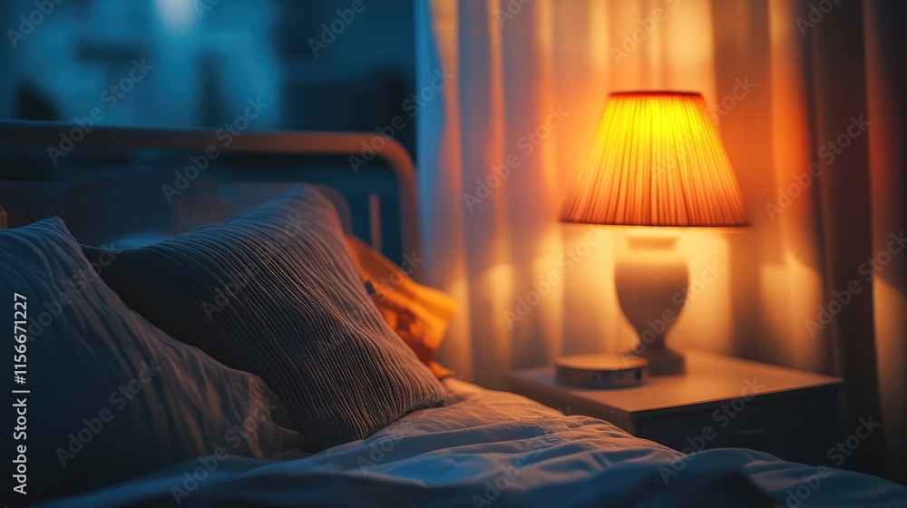 Aufkleber cozy bedroom with warm lighting from a vintage lamp creating an inviting atmosphere at night.