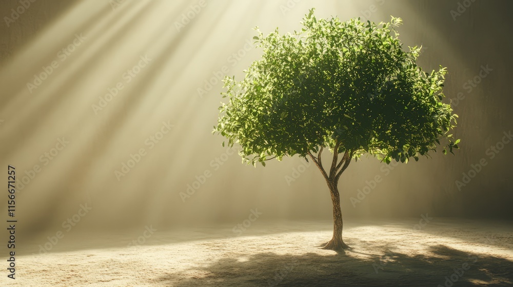 Poster lone tree illuminated by dramatic backlighting in a serene studio setting showcasing nature's beauty