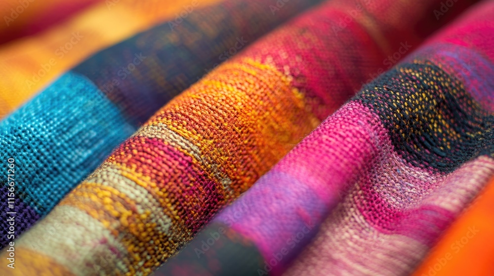 Poster Vibrant fabric texture samples showcasing colorful patterns for textile design and home decor ideas in a creative studio setting