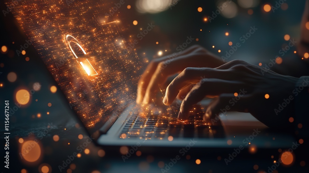 Poster cyber security network. data protection concept. businessman using laptop computer with digital padl